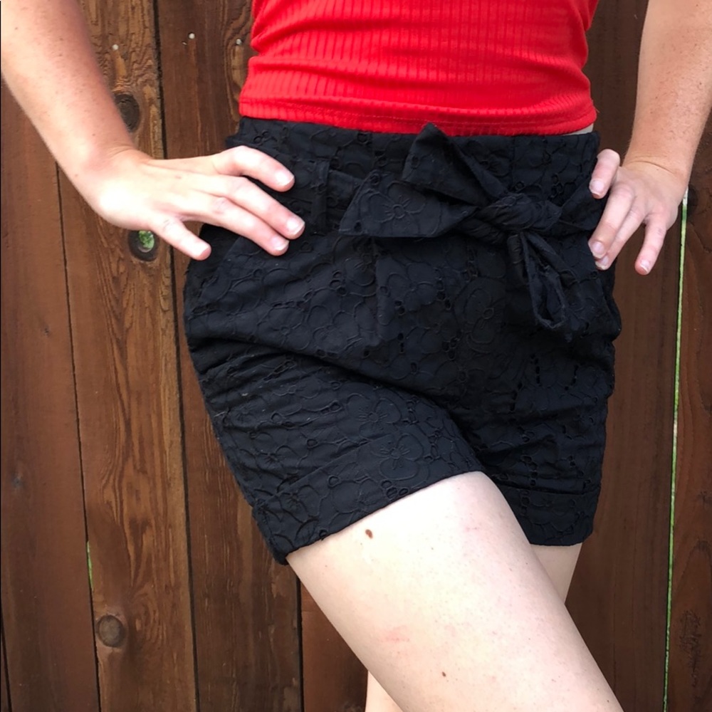 H&M High Waisted Black Shorts with Flower Detail